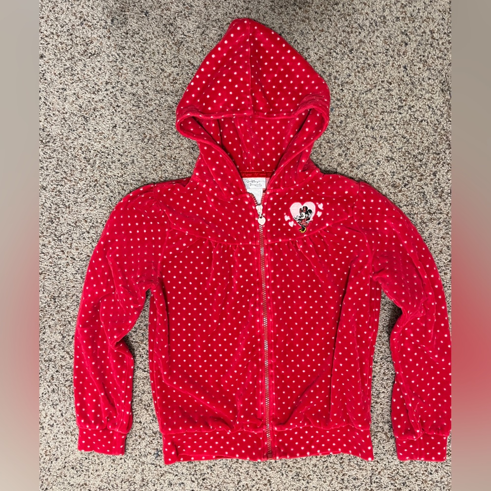 Disney Red Polka Dot Hooded Zip Sweatshirt with Minnie Heart Patch